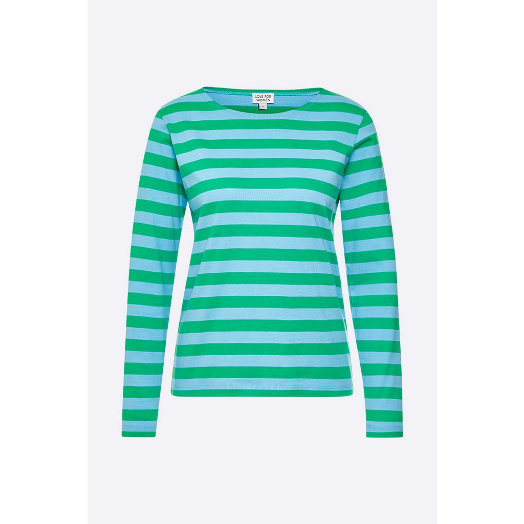 Timmy longsleeve in groen/blauw gestreepte dubbele jersey voor dames