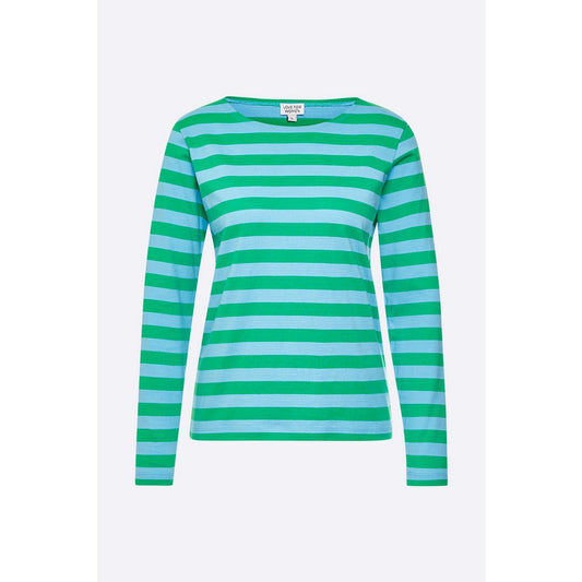Timmy longsleeve in groen/blauw gestreepte dubbele jersey voor dames