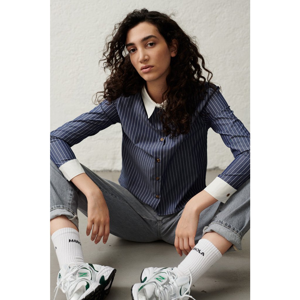 Eva blouse in donkerblauw/witte strepen voor dames