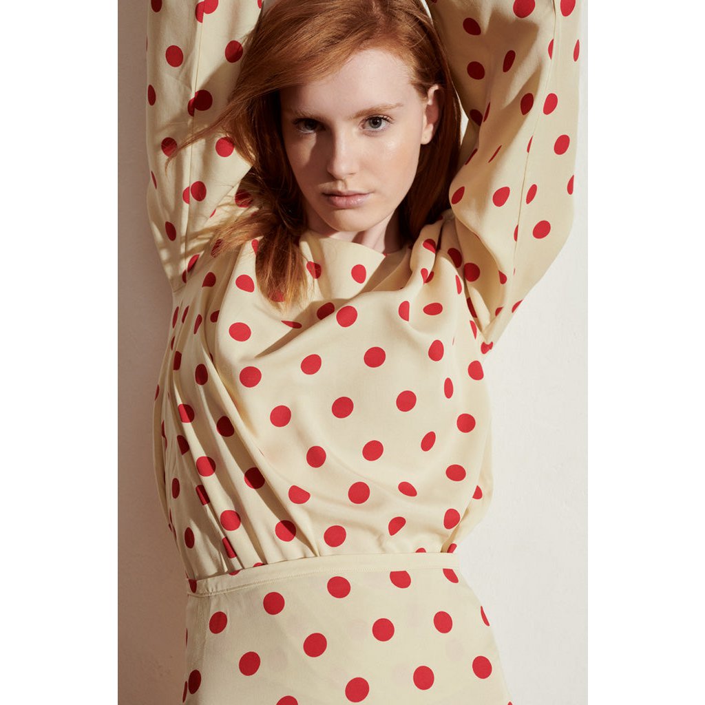 Livia rok in beige Tencel met rode stippen voor dames