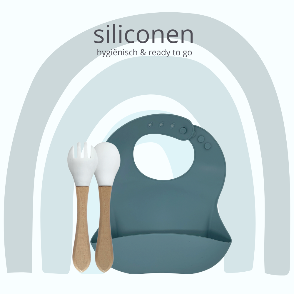 green-goose Siliconen Slabbetje en Bamboe Bestek | Petrol