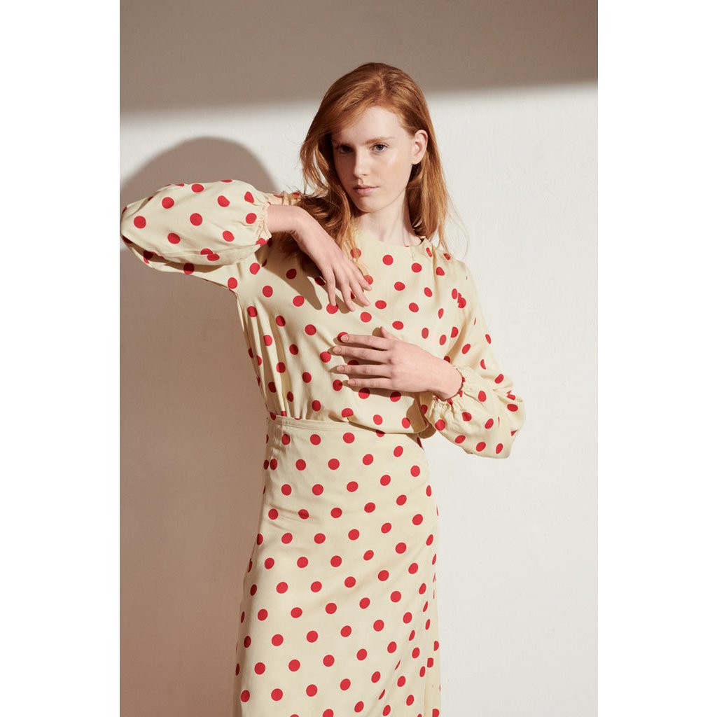 Livia rok in beige Tencel met rode stippen voor dames
