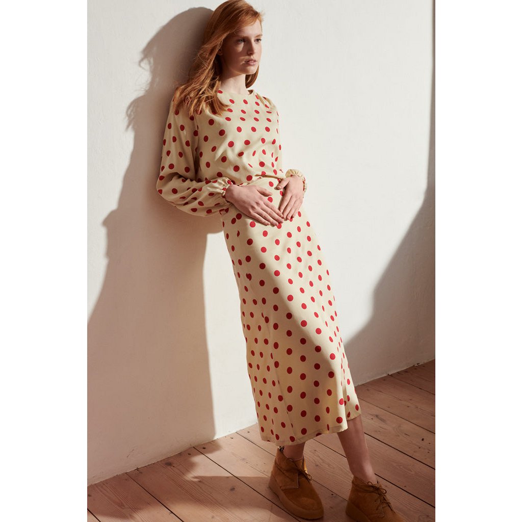 Livia rok in beige Tencel met rode stippen voor dames