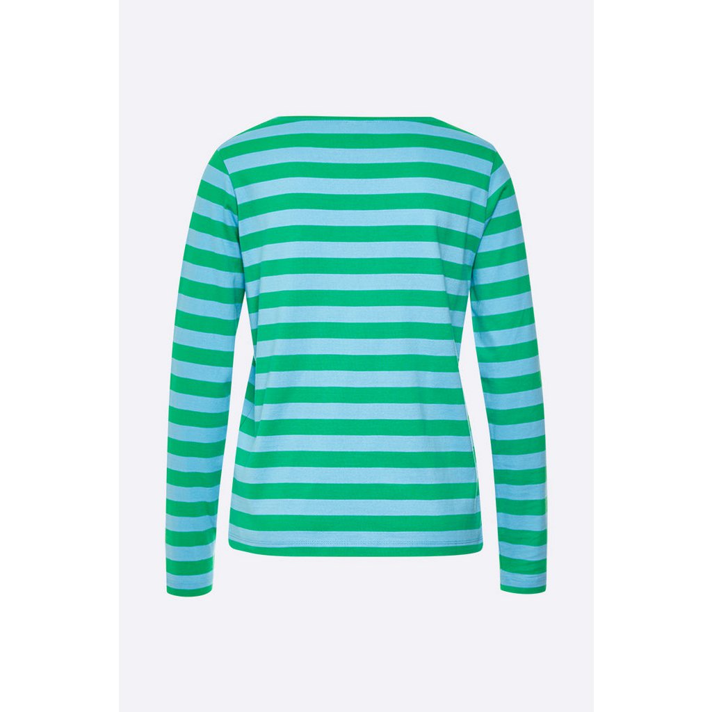 Timmy longsleeve in groen/blauw gestreepte dubbele jersey voor dames